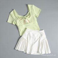 Quần áo cầu lông, váy tennis, bộ thể thao cho phụ nữ, mùa hè 2024, mới, chạy bộ buổi sáng, đồ thể dục nhanh khô, yoga tay ngắn