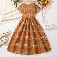 Quần áo cho bé gái 8-12 tuổi, đầm ngắn tay in họa tiết thời trang mùa hè