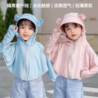 Quần áo chống nắng cho bé trai và bé gái 1-6 tuổi, áo khoác mỏng mùa hè bằng lụa băng thoáng mát, bộ đồ chống UV có mũ, trang phục che nắng ngoài trời, áo choàng chống nắng đi biển, chất liệu an toàn, dễ mặc