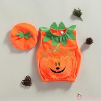 Quần áo Halloween bé trai / bé gái 0-3 tuổi, Áo và mũ không tay họa tiết bí ngô màu cam