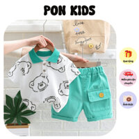 Quần áo hè bé trai, Set áo polo hoạ tiết gấu trắng kèm quần kaki xanh cho bé trai từ 9-20kg BD81