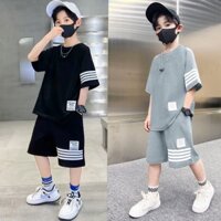 Quần áo hè chất cotton cho bé trai 4-14 tuổi , bộ cộc tay bé trai 14-45 kg,bộ quần áo mẫu KẺ NGANG phong cách dễ thương.