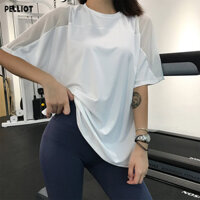 Quần áo khô nhanh lưới Pelliot dành cho nữ, áo sơ mi chạy bộ dáng rộng, tay ngắn tập thể dục, áo tập yoga