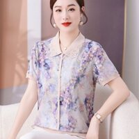 Quần Áo Mẹ Trung Niên Tính Khí In Hình Áo Lụa Băng 2024 Ve Áo Người Cao Tuổi Trung Niên Ngắn @ -