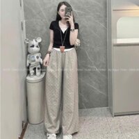 quần áo mùa hè nữ,áo thun nữ 2 lớp kéo khoá ngực mix quần dài ống rộng in hoạ tiết nơ D10