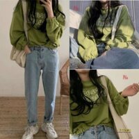 Quần Áo Nam Nữ Áo Croptop ,Nỉ Nữ Dài Tay Xanh, Dáng Lỡ In Chữ GREANN dưới 60kg HMG061