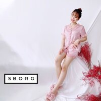 Quần áo ngủ SBORG đồ bộ lụa satin cao cấp viền ren sang trọng tay ngắn quần đùi có túi 45 - 65 kg quà tặng vợ