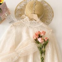 [Quần Áo Nữ] Áo Sơ Mi Ren Cổ Cao Nửa Cổ Áo Sơ Mi Nữ Thu Đông Nấm Cạnh Phong Cách Phương Tây Quần Áo Gạc Bên Trong Mỏng Áo Sơ Mi Nhỏ Chấm Bi Lưới Ga