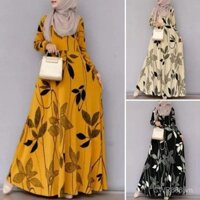 Quần áo nữ Hồi giáo in hoa, áo dài tay phồng, váy thời trang Abaya PFKS