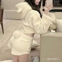 Quần áo nữ mùa xuân phong cách Hàn cỡ lớn, bộ đồ ngủ có mũ hình gấu dễ thương, quần short dài tay mùa thu đông, bộ đồ mặc trong nhà