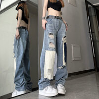 [Quần Áo Nữ Nổi Bật] Quần Phong Cách vibe Mỹ 2024 Thương Hiệu Đường Phố Cao Cấp Miếng Dán Rách Quần Jean Nam Mùa Hè Quần Thẳng