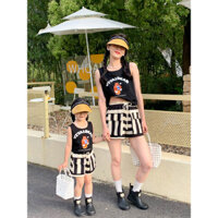 Quần Áo phụ huynh và trẻ em chơi cùng nhau quần áo phụ nữ mẹ mùa hè Áo vest hoạt hình giản dị quần ngắn Quần yếm sọc cho bé trai và bé gái
