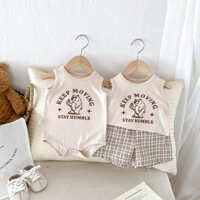 Quần áo sơ sinh Áo liền quần cho bé in hình gấu Bộ đồ liền thân không tay cho bé hoặc Áo không tay cho bé + Bộ quần short kẻ sọc 0-2 tuổi