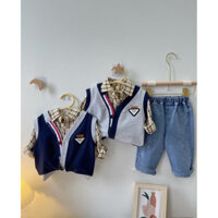 Quần áo thu đông bé trai, set 3ct: áo sơ mi kẻ, áo gile da cá và quần jean dày dặn cho bé 10-20kg