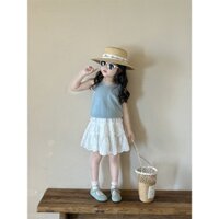 Quần áo trẻ em, bộ bé gái áo dệt kim xanh xam chân váy thô boi trắng phong cách Hàn Quốc S20 Size 90-140