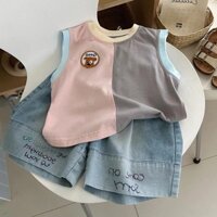 Quần áo trẻ em Hàn Quốc Bộ quần áo mùa hè cho bé trai 2024 đẹp trai áo thun thời trang trẻ em phong cách phương Tây mới Quần short denim