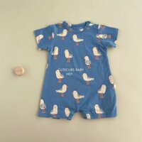 Quần áo trẻ em mùa hè, Bộ áo liền quần ngắn tay in hình chim dễ thương