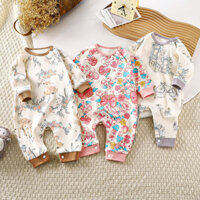 Quần áo trẻ em mùa thu tay dài, bộ áo liền quần cotton nguyên chất loại A, đồ ngủ cho trẻ sơ sinh, bộ đồ bò, jumpsuit cho bé