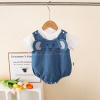 Quần Áo Trẻ Em Quần Áo Mùa Hè Jumpsuit Áo Liền Quần Ngắn Tay Cho Bé Lớp A Mềm Denim Hoạt Hình Bé Voi Tam Giác Bé Onesie Mỏng