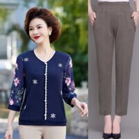 Quần áo trung niên nữ, Bộ đồcho mẹ u40 u50, Áo tay lỡ quần ống đứng, Chất liệu thun da cá cao cấp, Kiểu dáng sang trọng