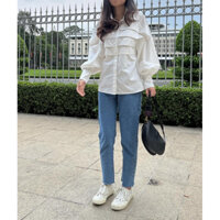 Quần Baggy Jean Cạp Cao Hack Dáng, Quần Bò Ống Đứng Trơn (Đậm) B034 - Glister Closet