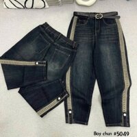 Quần baggy jean dãn phối sọc Bigsize 60-95kg chất jean mềm co dãn có chun sau, quần jean nữ lưng cao Nhi Bigsize