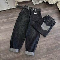 Quần Baggy Jean Lưng Chun Cào Túi Mác Da Phom Lửng 9 Tấc, Quần Boy Nữ  Đen Trơn Cào Rách Túi Sau