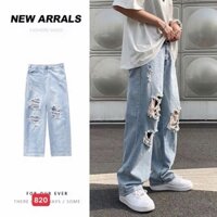 Quần baggy jean nam ống suông màu xanh phối rách cao cấp hack Dáng - M820