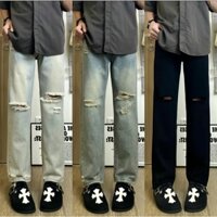 Quần baggy jean nam xám khói wash rách gối kiểu thời trang đẹp,quần jean nam ống suông cạp cao dễ phối đồ.