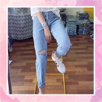 Quần Baggy Jean Nhạt Rách 1 Gối/Sườn - Lưng Cao - Form Thường/Size 26-35 - Không Co Giãn