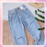 Quần Baggy Jean Nhạt Rách 1/2 [ Size 30-36 ] - Lưng Cao - Form Thường - Không Co Giãn