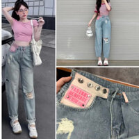 Quần baggy jean nữ cạp cao rách gối phôi da hồng xinh cá tính