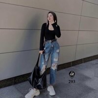 Quần baggy jean nữ cạp siêu cao màu xanh cổ điển rách 2 gối cách điệu dễ thương Lê Huy Fashion MS 293