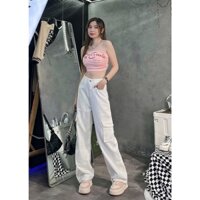 Quần baggy jean nữ dáng dài ống suông rách nhẹ màu trắng túi hộp nắp tua