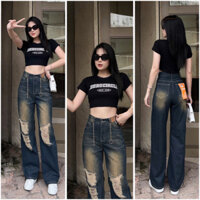 Quần baggy jean nữ dáng dài ống rộng mẫu trơn wash loang màu