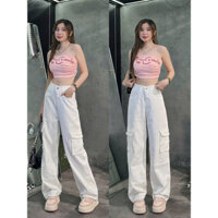 Quần baggy jean nữ dáng dài ống rộng phối túi hộp rách kiểu