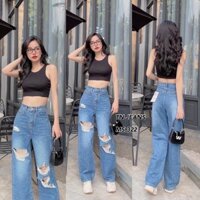 Quần baggy jean nữ dáng dài ống rộng mẫu rách 1 nút lưng cao mã 322
