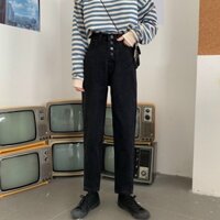 Quần Baggy Jean Nữ Đen Phối Cúc Trơn Đẹp Cao Cấp - Quần jean Nữ