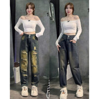 QUẦN BAGGY JEAN NỮ KHÔNG GIÃN LƯNG CHUN CẠP CAO 2 CÚC 2 MÀU TRƠN RÁCH PHỐI TÚI PHONG CÁCH