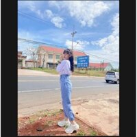Quần Baggy jean nữ lưng cao rách hai gối