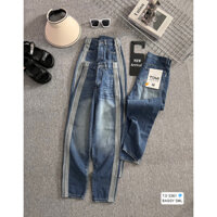 Quần baggy jean nữ lưng cao phối viền đẹp, Quần bò nư cạp cao chất jean mềm không dãn