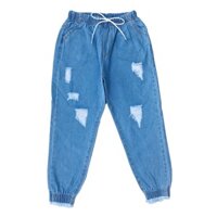 Quần baggy jean nữ lưng thun mẫu rách lai bo tua màu xanh đậm