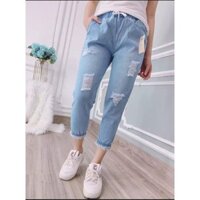 Quần Baggy Jean Nữ Lưng Thun Mẫu Rách Bo Tua Lai 2 Màu