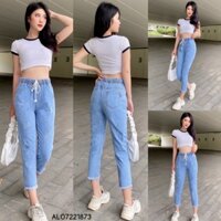 Quần Baggy Jean Nữ Lưng Thun Cào Xước Dáng Suông Tua Lai