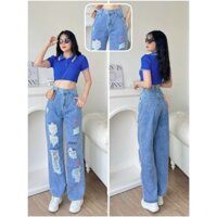 Quần Baggy Jean Nữ Lưng Thun Dáng Dài Mẫu Rách Ống Suông Thêu Chữ