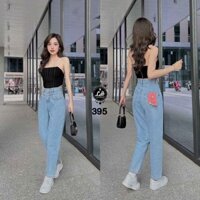 Quần baggy jean nữ màu xanh cạp cao lưng cách điệu túi nắp Lê Huy Fashion MS 395
