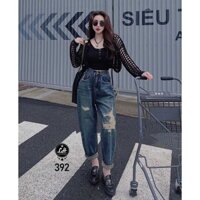 Quần baggy jean nữ màu xanh rách gối lai tua Lê Huy fashion MS 392
