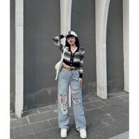 Quần baggy jean nữ ống rộng rách te tua kiểu mới dáng suông năng động MS111
