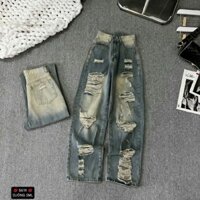 Quần baggy Jean nữ ống rộng lưng cao Wash xanh bụi rách kiểu tua trước sau TH5349