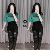 Quần baggy jean nữ, quần jean đen rách gối tua rua siêu chất Lê Huy Fashion MS 204